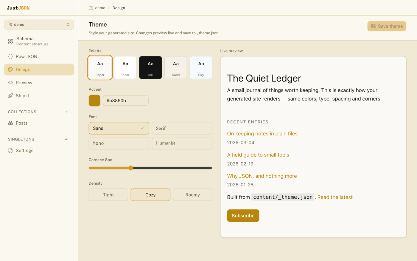 Theme editor with a live preview of the generated site