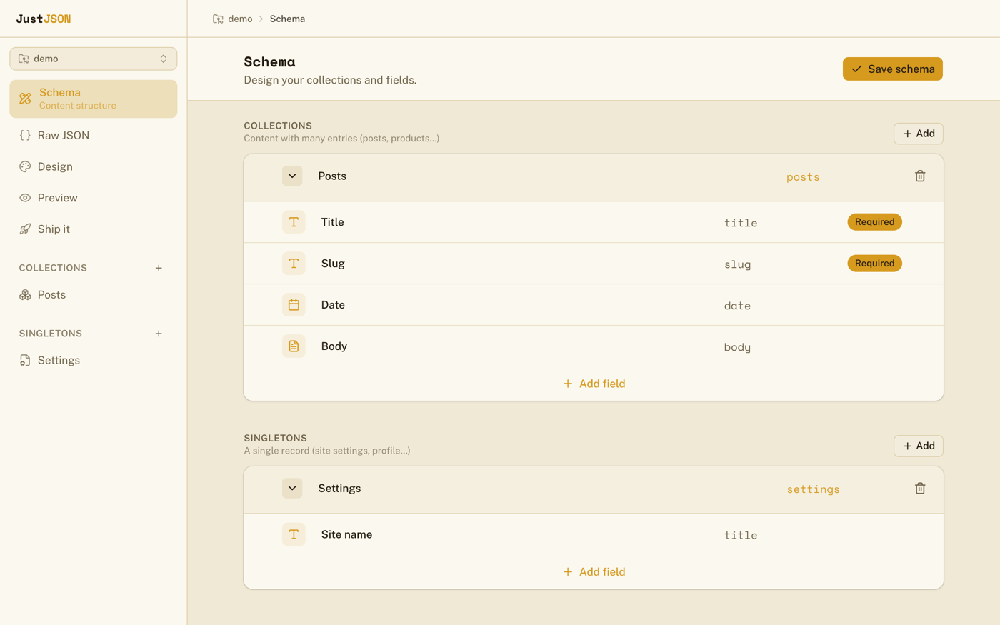 Visual schema builder — collections, fields and required flags, no config file