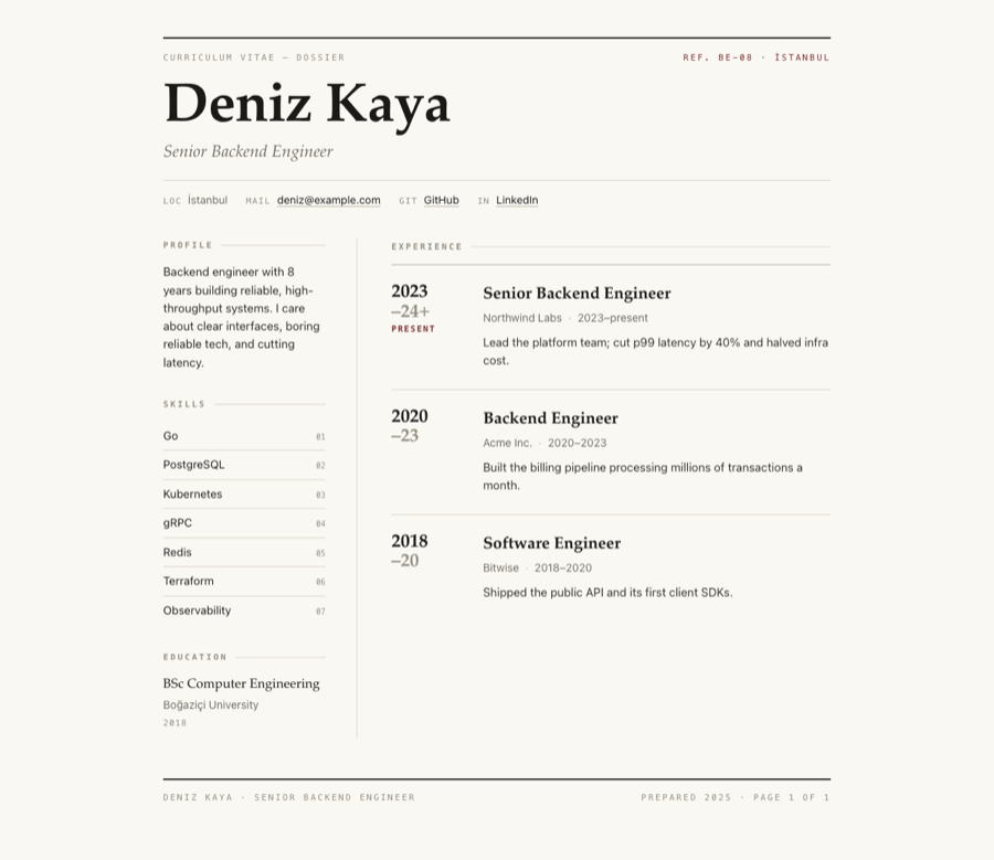 CV / Résumé template — Editorial Dossier